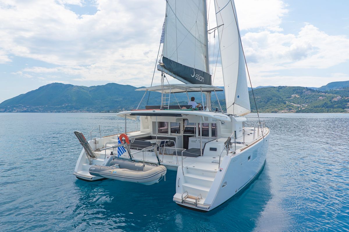 Exterior view of Cassiopeia II, a Lagoon 450 Fly catamaran at Gouvia, Greece
