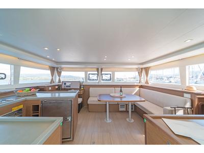 Salon of Cassiopeia II, a Lagoon 450 Fly catamaran at Gouvia, Greece