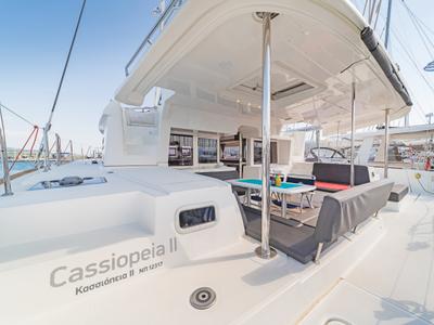 Deck of Cassiopeia II, a Lagoon 450 Fly catamaran at Gouvia, Greece