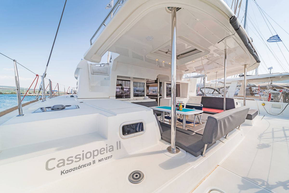 Deck of Cassiopeia II, a Lagoon 450 Fly catamaran at Gouvia, Greece