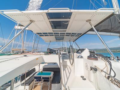 Cockpit of Cassiopeia II, a Lagoon 450 Fly catamaran at Gouvia, Greece