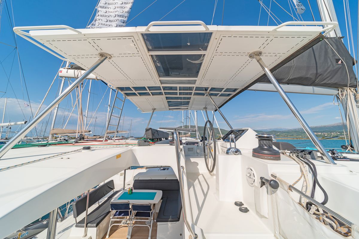 Cockpit of Cassiopeia II, a Lagoon 450 Fly catamaran at Gouvia, Greece