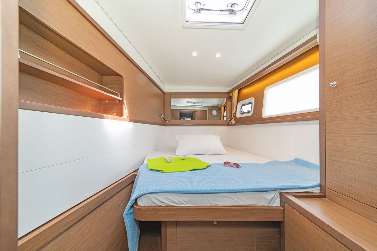 Cabin on Cassiopeia II, a Lagoon 450 Fly catamaran at Gouvia, Greece