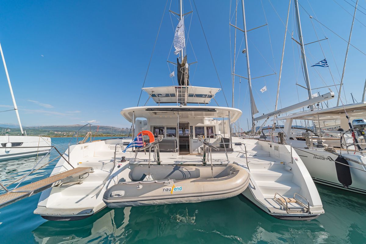 Exterior view of Cassiopeia II, a Lagoon 450 Fly catamaran at Gouvia, Greece