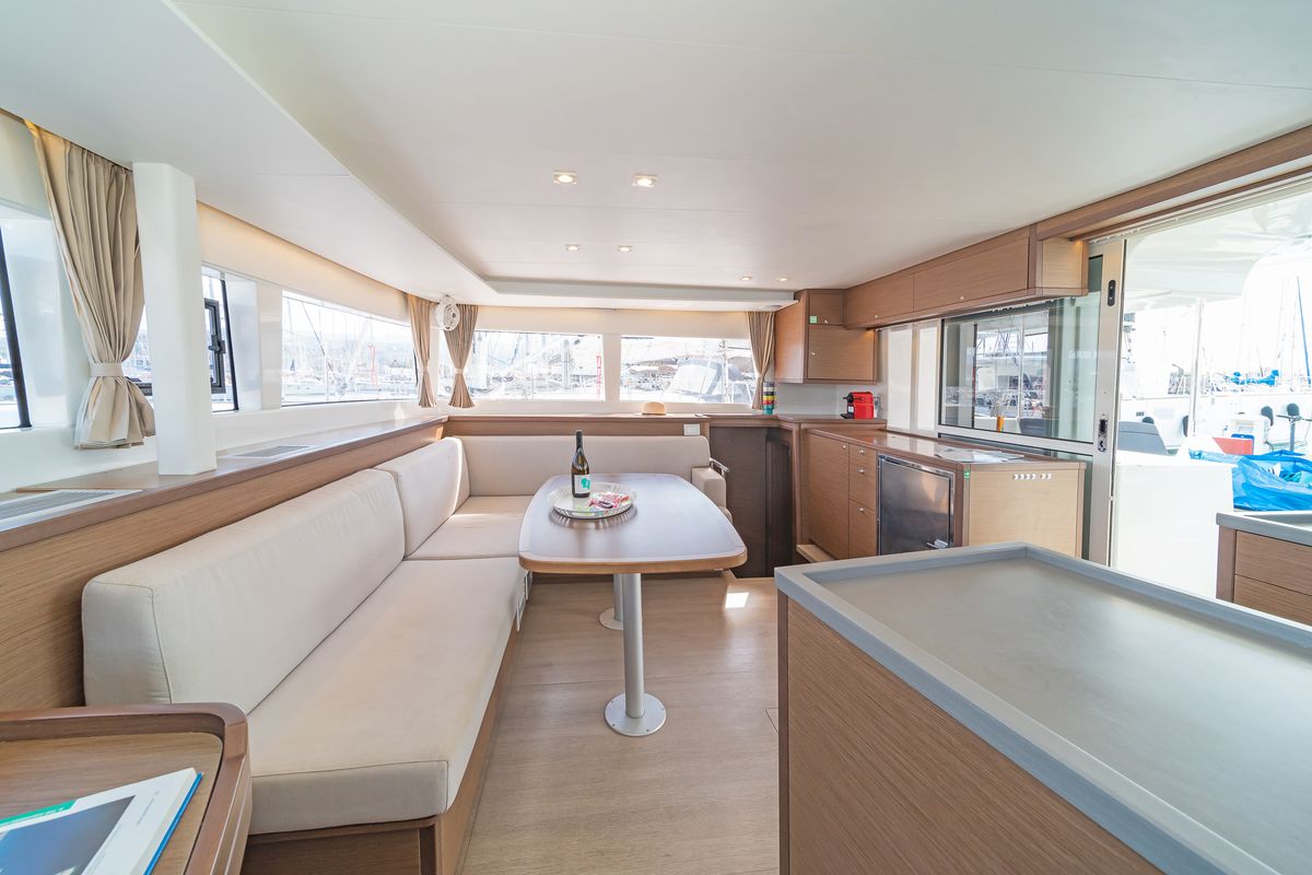 Salon of Cassiopeia II, a Lagoon 450 Fly catamaran at Gouvia, Greece