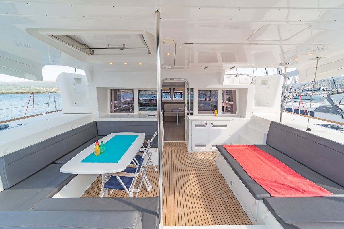 Deck of Cassiopeia II, a Lagoon 450 Fly catamaran at Gouvia, Greece