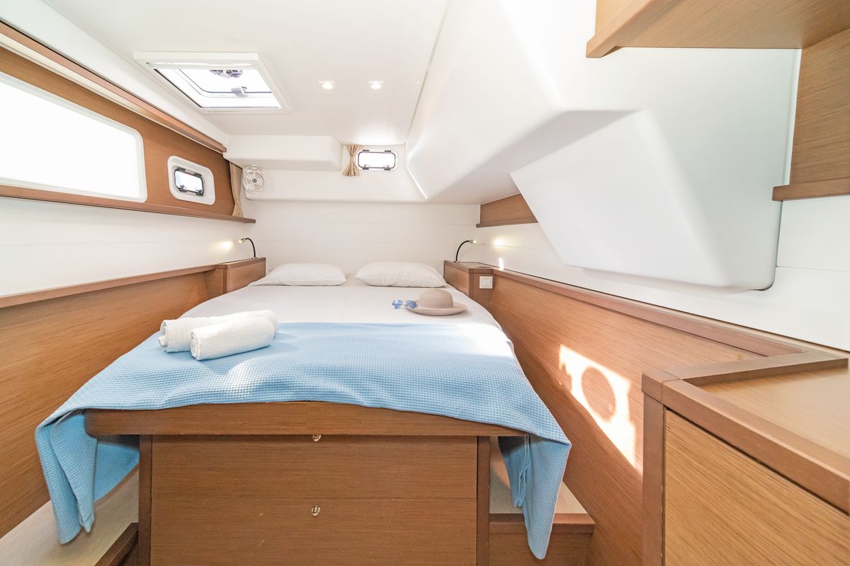 Cabin on Cassiopeia II, a Lagoon 450 Fly catamaran at Gouvia, Greece