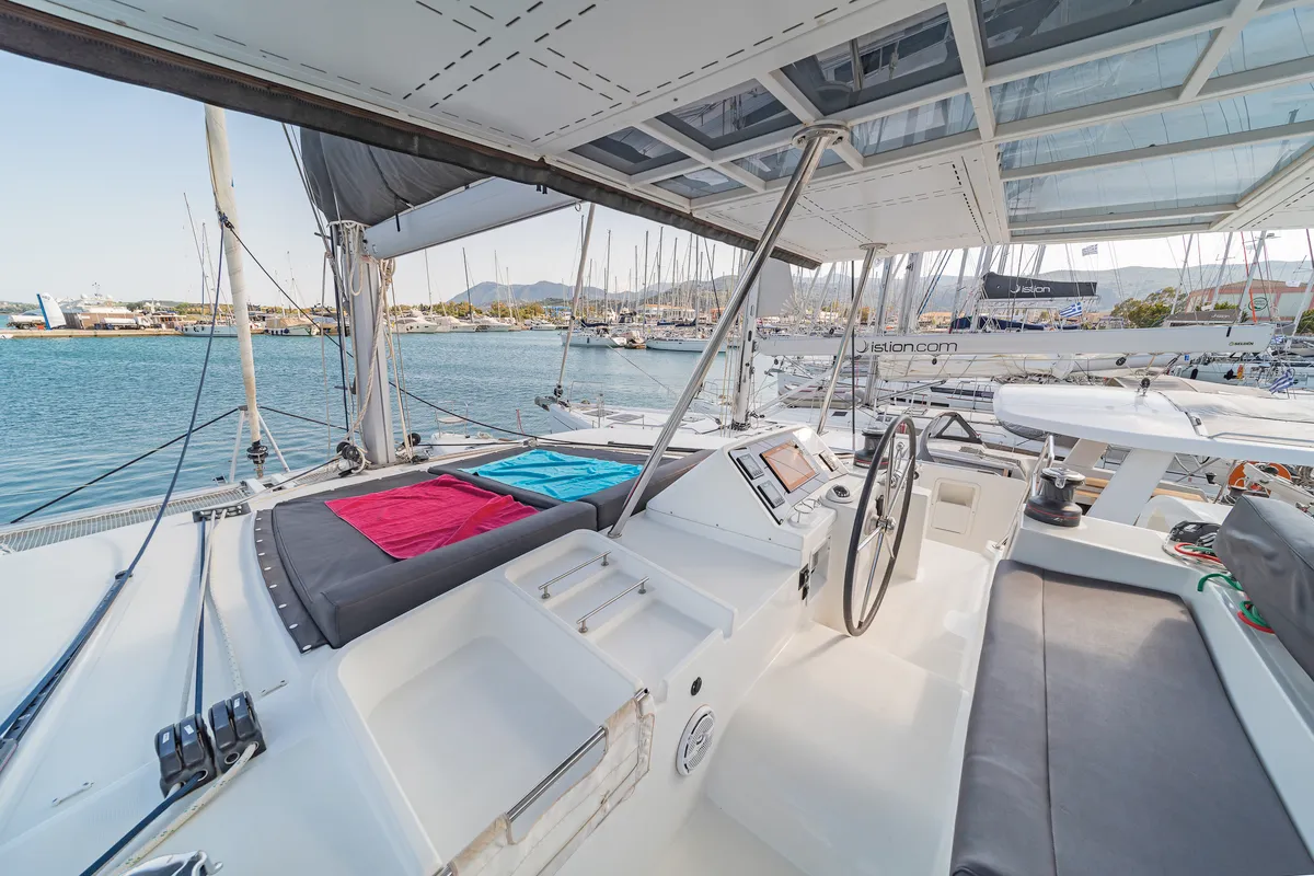 Cockpit of Cassiopeia II, a Lagoon 450 Fly catamaran at Gouvia, Greece