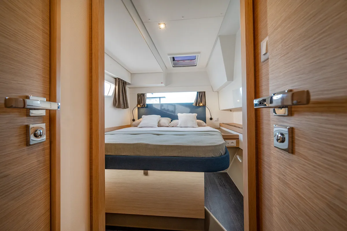 Cabin on Elsa, a Fountaine Pajot Tanna 47 catamaran at Piombino, Italy