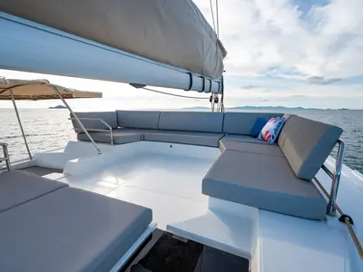 Deck of Elsa, a Fountaine Pajot Tanna 47 catamaran at Piombino, Italy