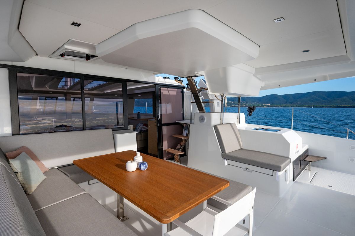 Deck of Elsa, a Fountaine Pajot Tanna 47 catamaran at Piombino, Italy