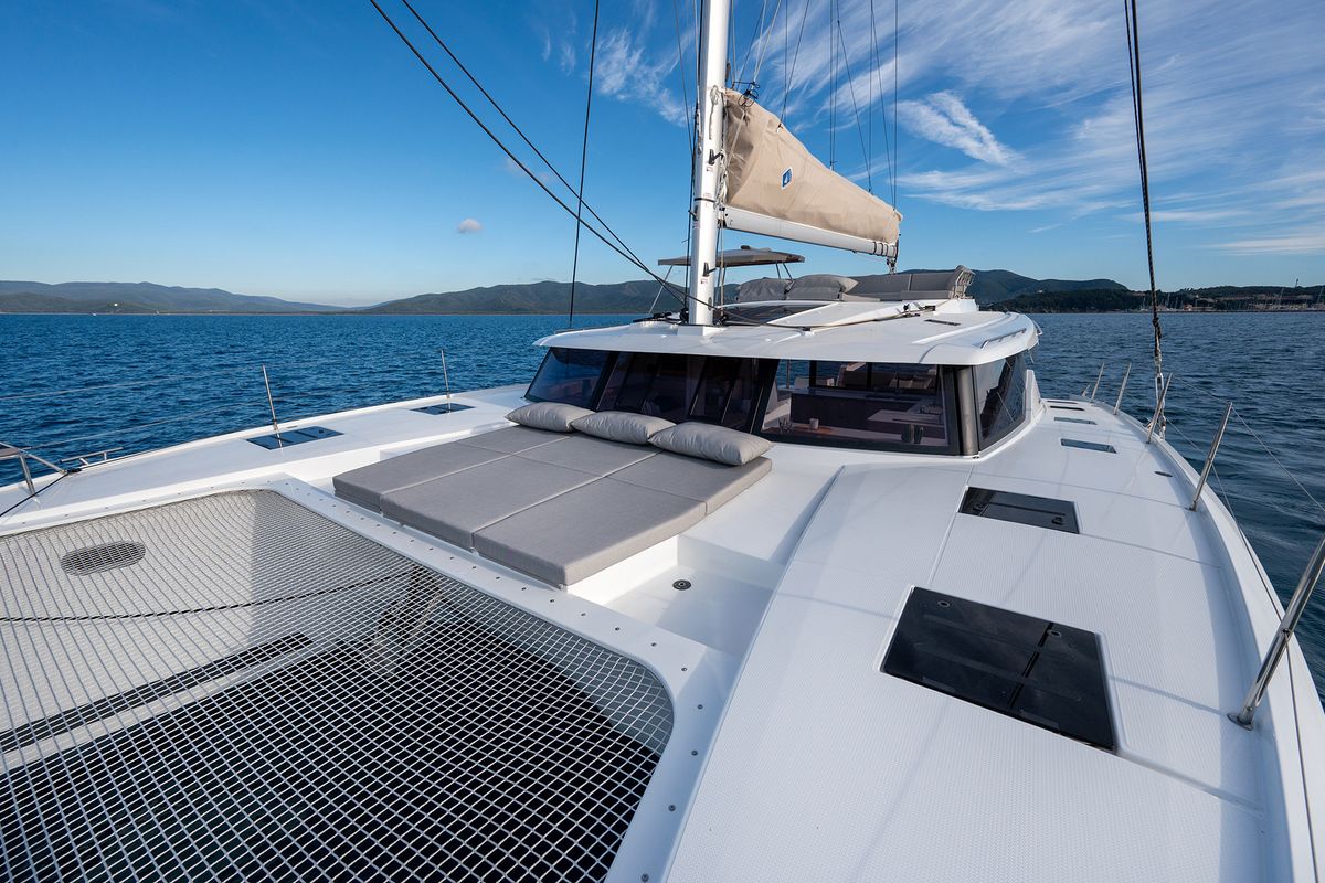 Deck of Elsa, a Fountaine Pajot Tanna 47 catamaran at Piombino, Italy