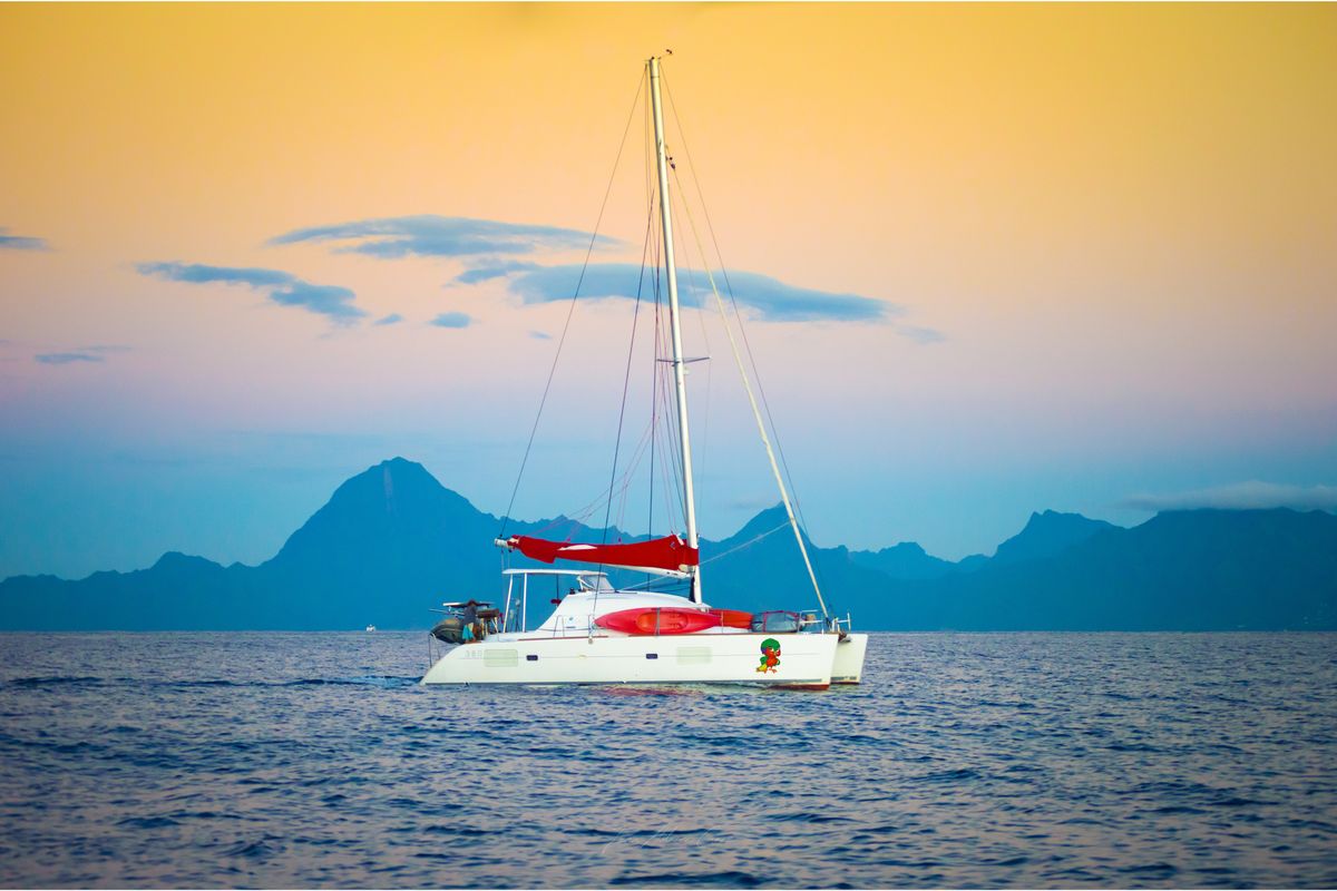 Exterior view of Poe Maia, a Lagoon 380 S2 catamaran at Papeete, France