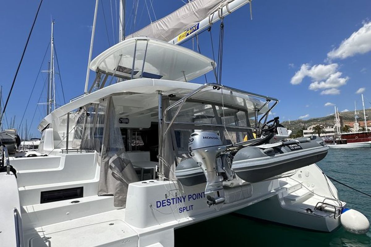 Exterior view of Destiny Point, a Lagoon 46 catamaran at Split, Croatia
