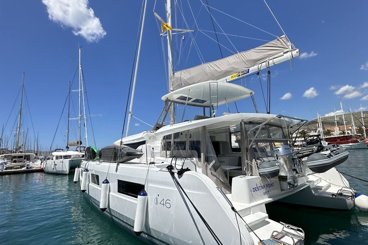 Exterior view of Destiny Point, a Lagoon 46 catamaran at Split, Croatia