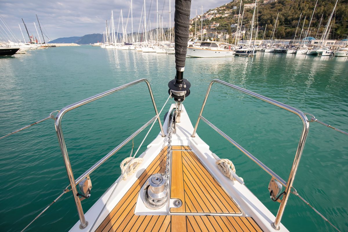 Deck of Psyche, a Jeanneau 54 sailboat at Tonnarella, Italy