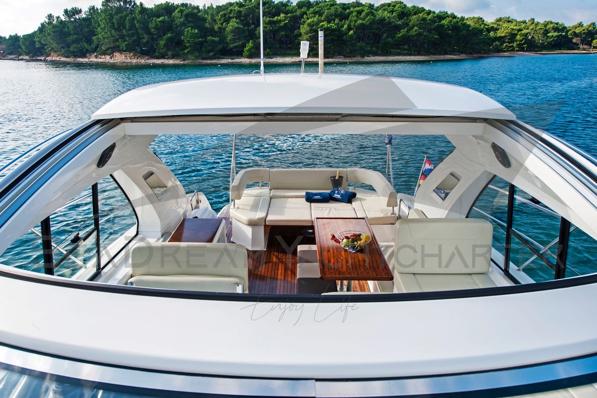 Deck of Sun Dreamer, a Bavaria S40 HT motorboat at Općina Sukošan, Croatia