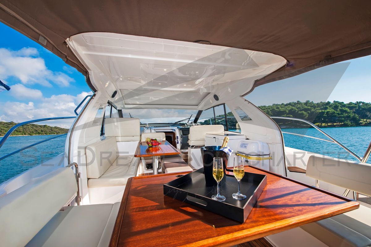 Deck of Sun Dreamer, a Bavaria S40 HT motorboat at Općina Sukošan, Croatia
