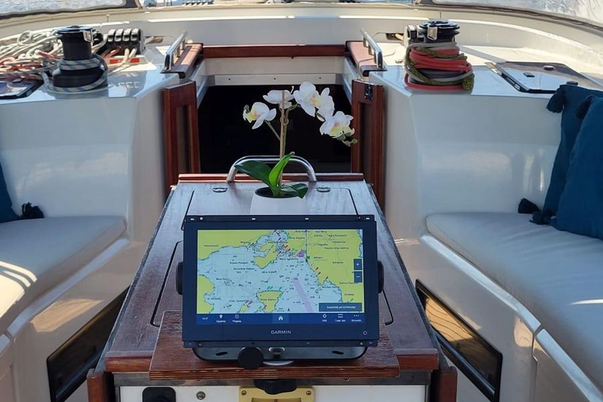 Cockpit of Odysseas, a Bavaria 50 sailboat at Athens, Greece