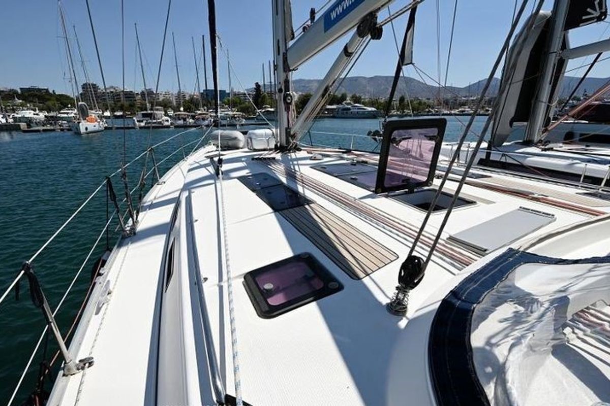 Deck of Odysseas, a Bavaria 50 sailboat at Athens, Greece