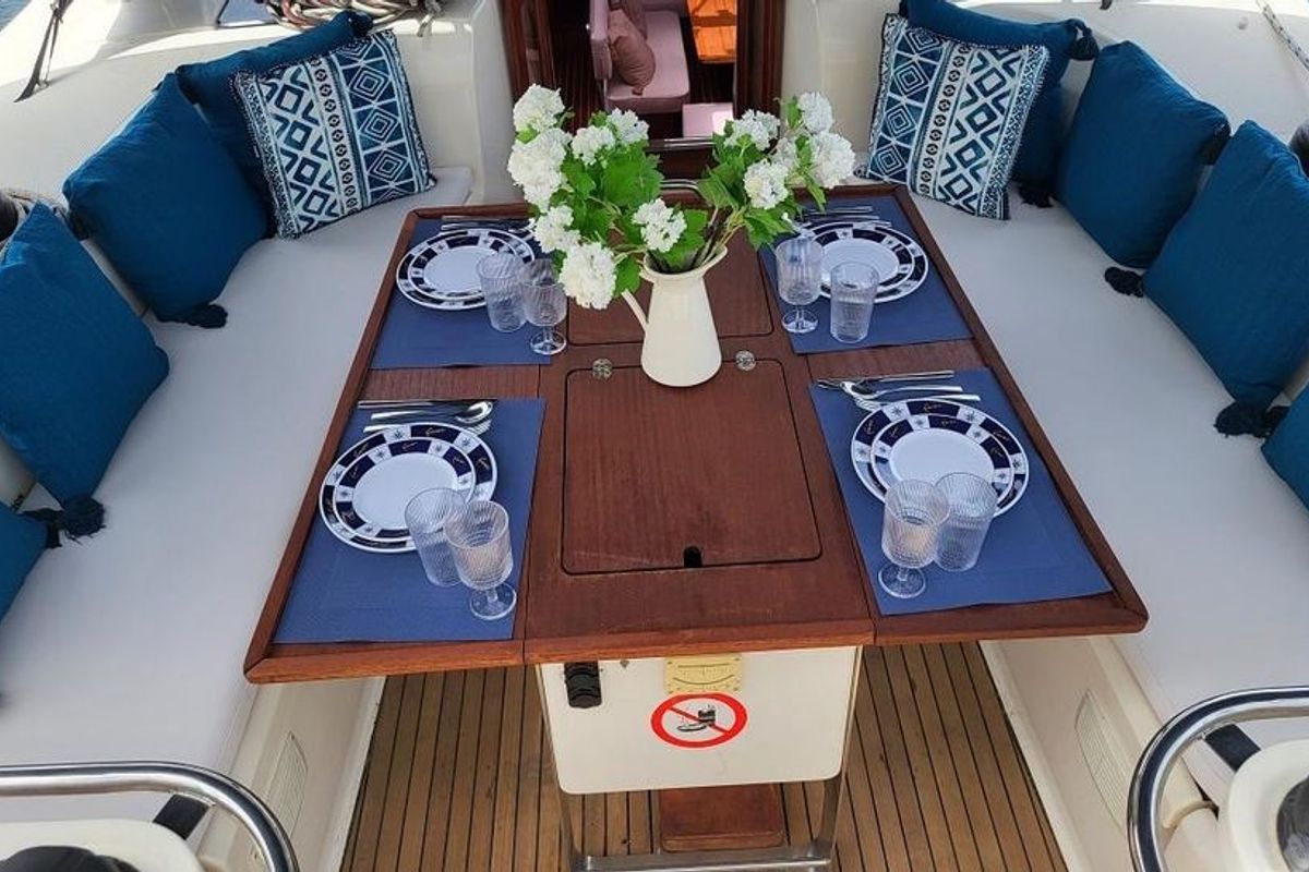 Deck of Odysseas, a Bavaria 50 sailboat at Athens, Greece