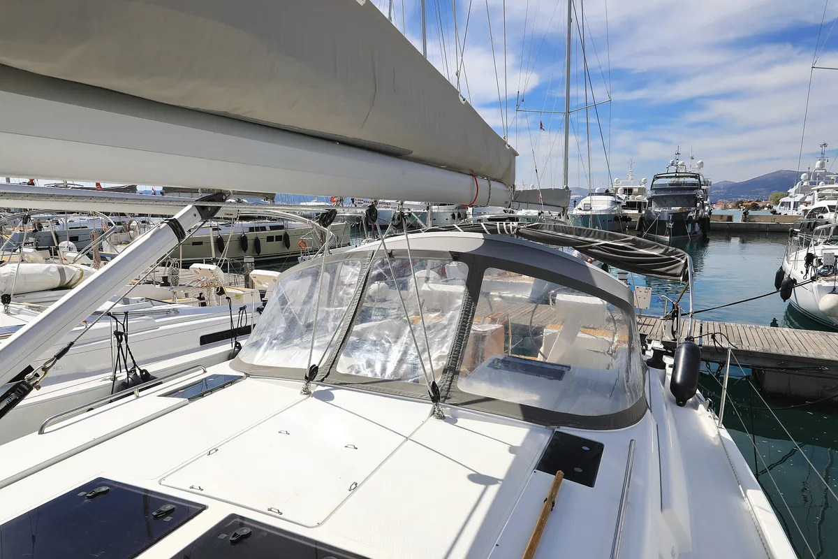 Deck of Maxine II, a Hanse Yachts Hanse 455 sailboat at Grad Kaštela, Croatia
