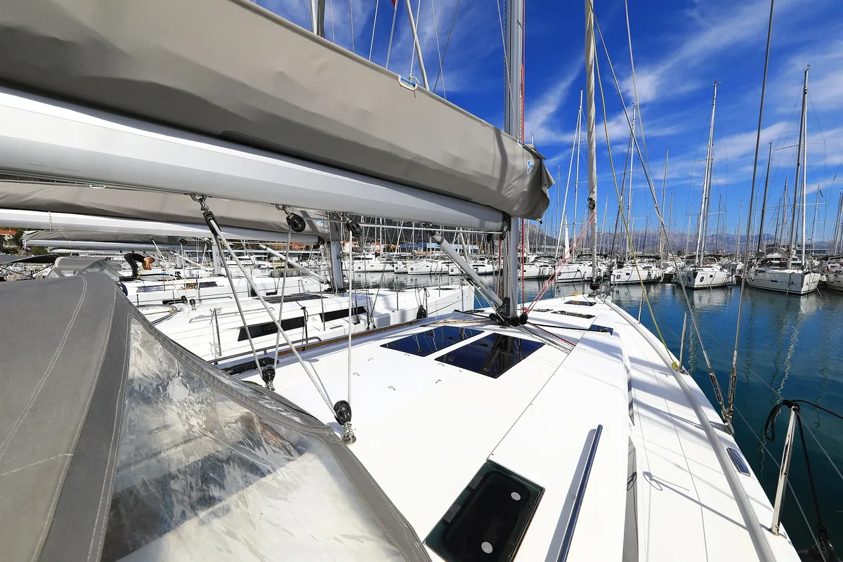 Deck of Maxine II, a Hanse Yachts Hanse 455 sailboat at Grad Kaštela, Croatia
