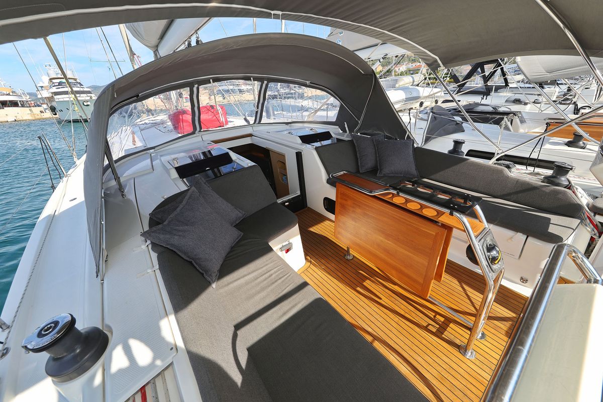 Deck of Maxine II, a Hanse Yachts Hanse 455 sailboat at Grad Kaštela, Croatia