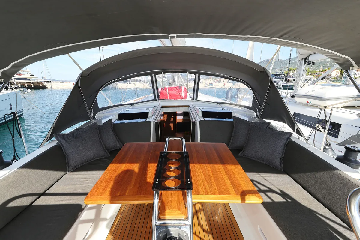 Deck of Maxine II, a Hanse Yachts Hanse 455 sailboat at Grad Kaštela, Croatia