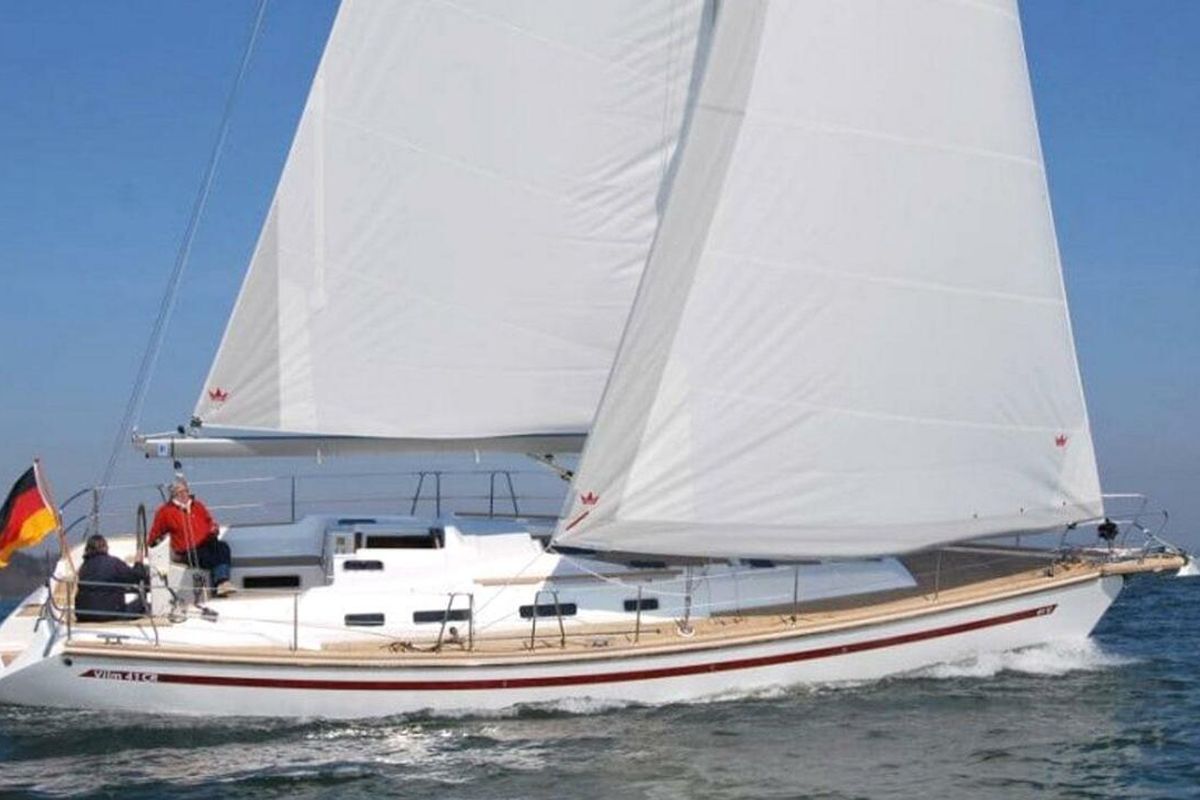 Exterior view of Karoline, a Bootsbau Rügen GmbH Vilm 41 cruiser sailboat at Barth, Germany
