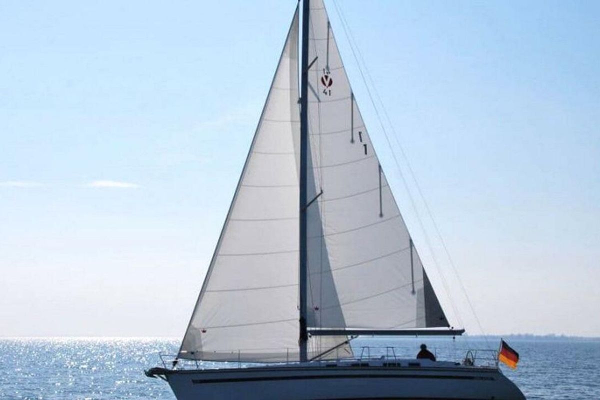 Exterior view of Karoline, a Bootsbau Rügen GmbH Vilm 41 cruiser sailboat at Barth, Germany