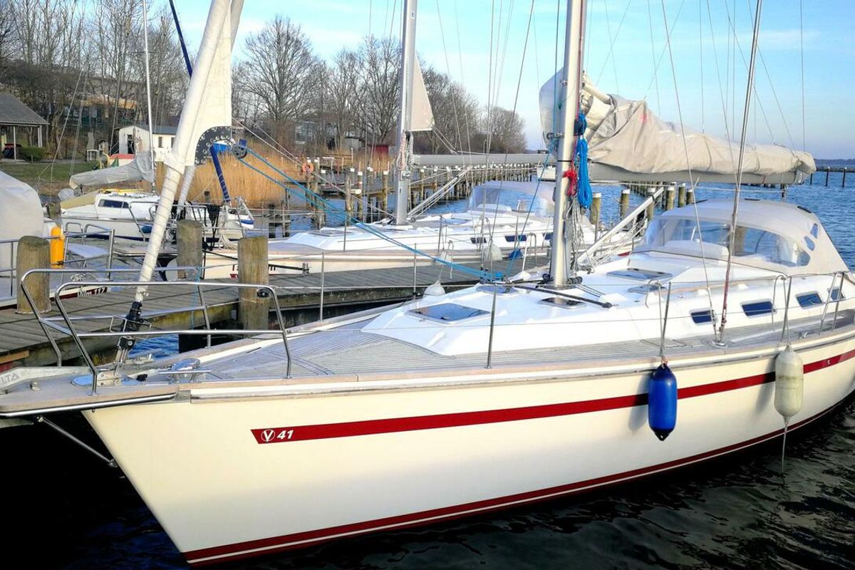 Deck of Karoline, a Bootsbau Rügen GmbH Vilm 41 cruiser sailboat at Barth, Germany