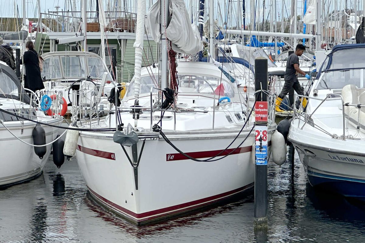 Exterior view of Karoline, a Bootsbau Rügen GmbH Vilm 41 cruiser sailboat at Barth, Germany