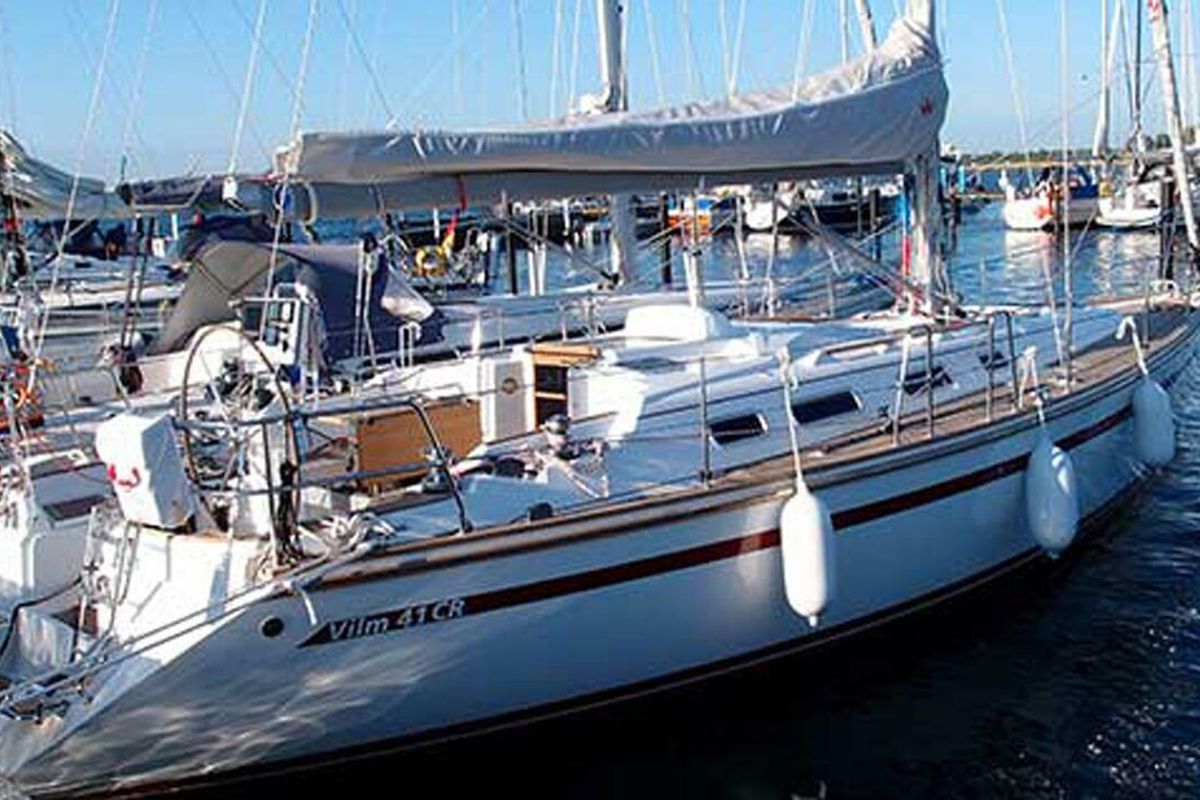 Deck of Karoline, a Bootsbau Rügen GmbH Vilm 41 cruiser sailboat at Barth, Germany