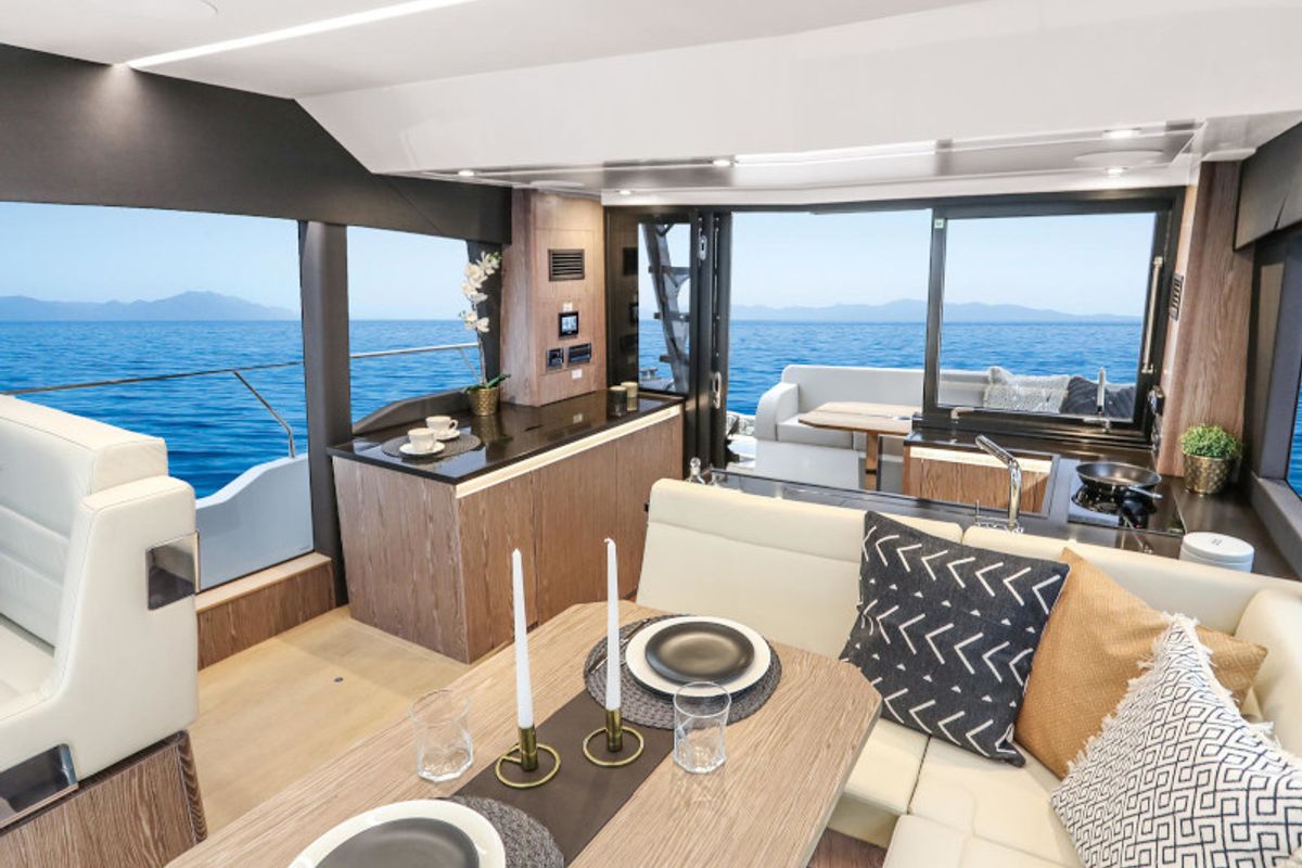 Salon of Blue Lagoon II, a Sealine F430 motorboat at Grad Pula, Croatia