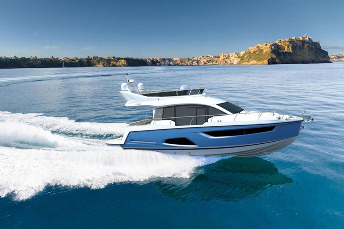 Exterior view of Blue Lagoon II, a Sealine F430 motorboat at Grad Pula, Croatia