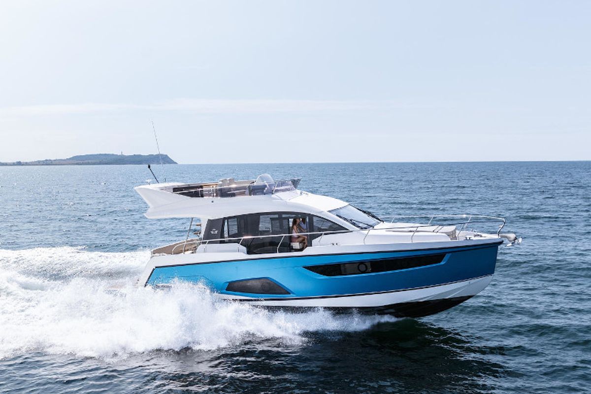 Exterior view of Blue Lagoon II, a Sealine F430 motorboat at Grad Pula, Croatia
