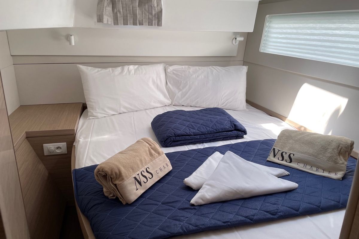 Cabin on Dj, a Lagoon 40 catamaran at Olbia, Italy