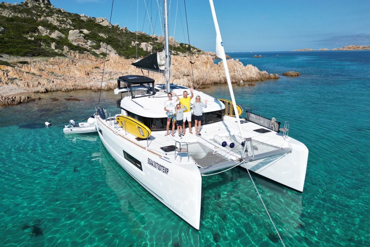 Exterior view of Dj, a Lagoon 40 catamaran at Olbia, Italy