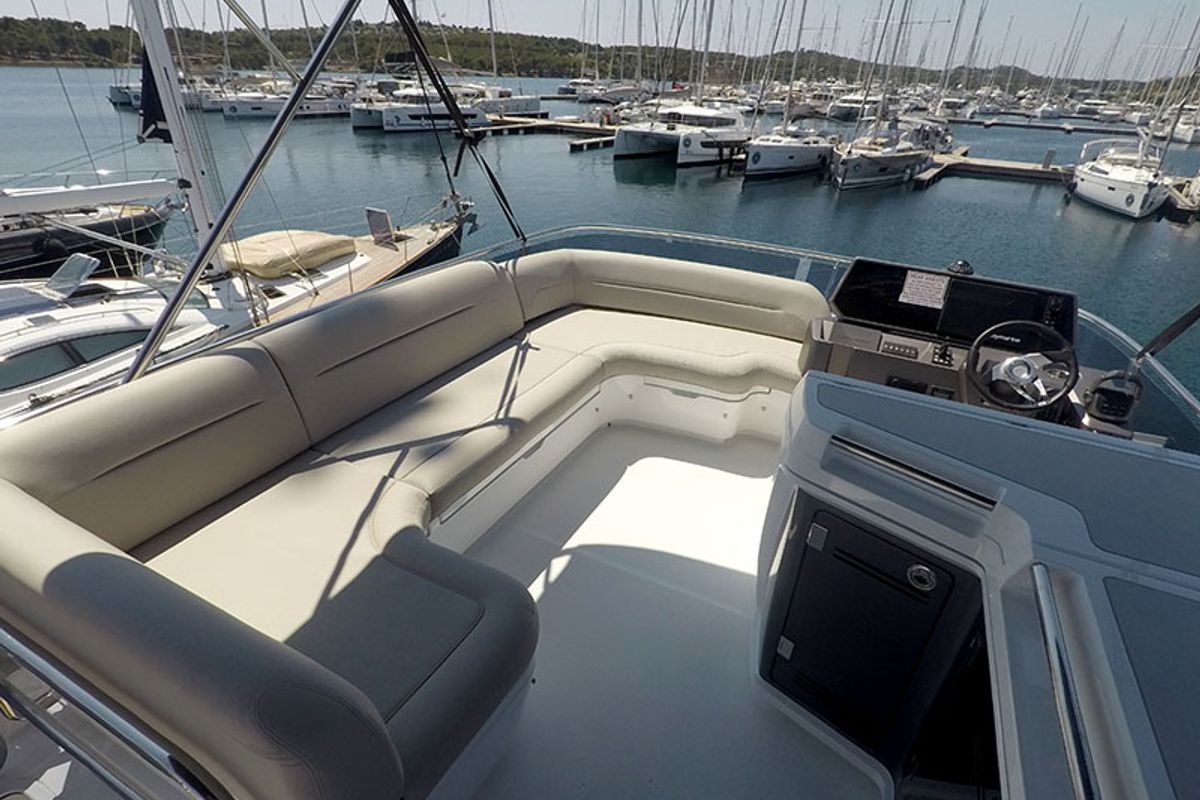Cockpit of Il Sogno V, a Galeon 480 Fly yacht at Grad Šibenik, Croatia