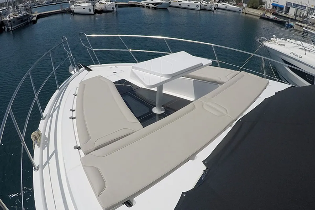 Deck of Il Sogno V, a Galeon 480 Fly yacht at Grad Šibenik, Croatia