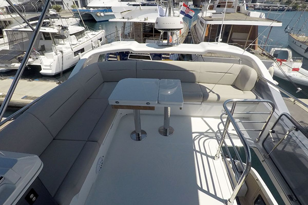 Deck of Il Sogno V, a Galeon 480 Fly yacht at Grad Šibenik, Croatia