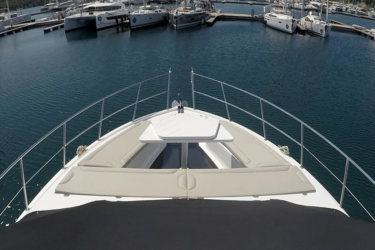 Deck of Il Sogno V, a Galeon 480 Fly yacht at Grad Šibenik, Croatia