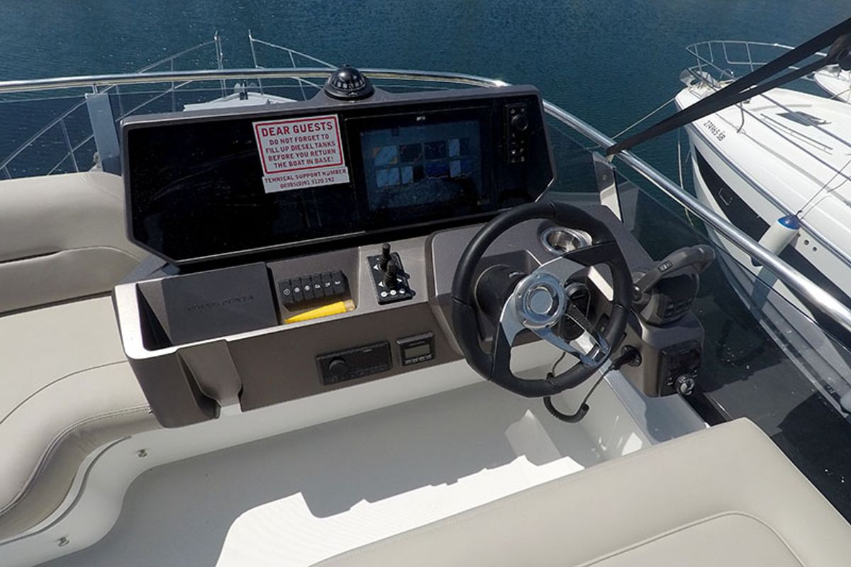 Cockpit of Il Sogno V, a Galeon 480 Fly yacht at Grad Šibenik, Croatia