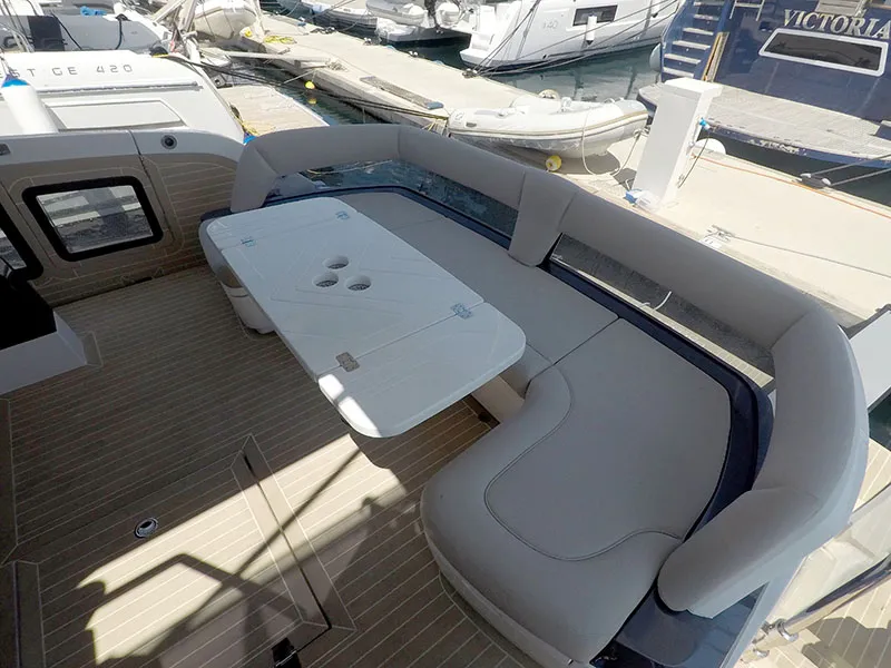 Deck of Il Sogno V, a Galeon 480 Fly yacht at Grad Šibenik, Croatia