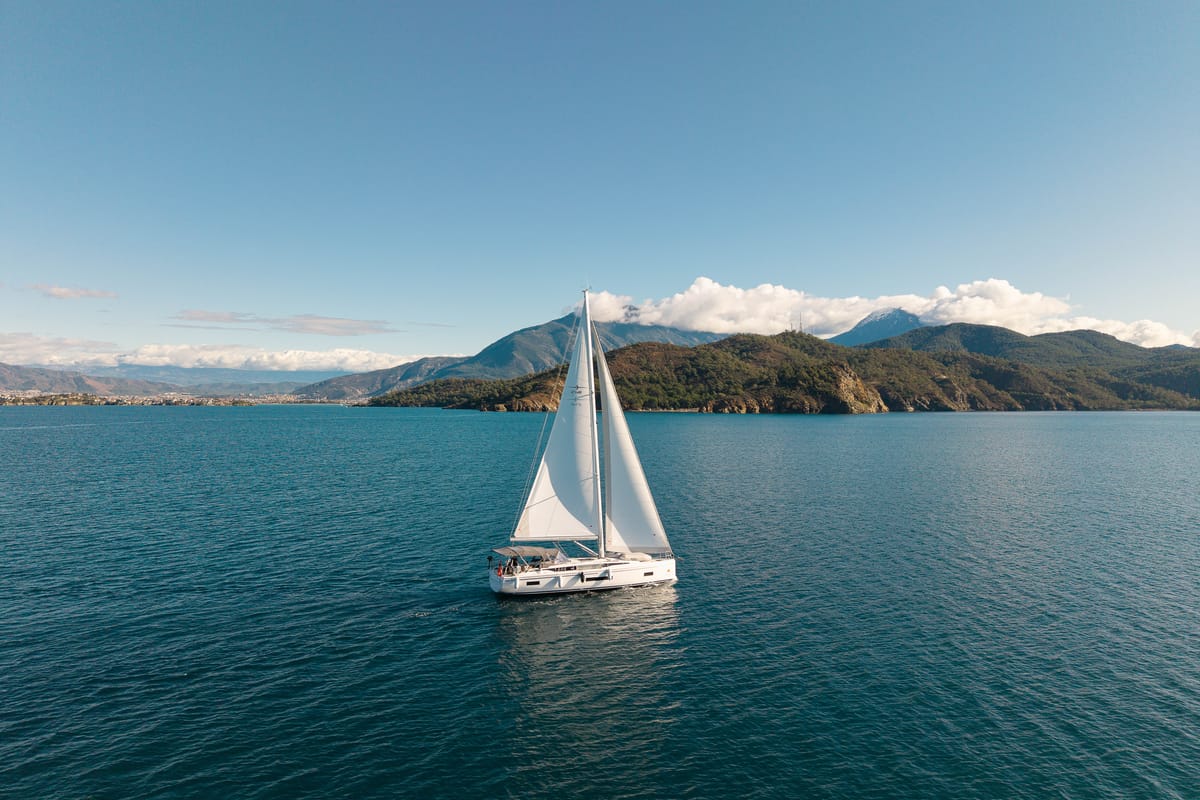 Exterior view of Arke, a Bavaria C46 sailboat at Fethiye, Turkey