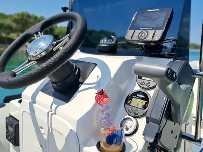 Cockpit of Niky, a Prestige Ranger 600 motorboat at Grad Trogir, Croatia