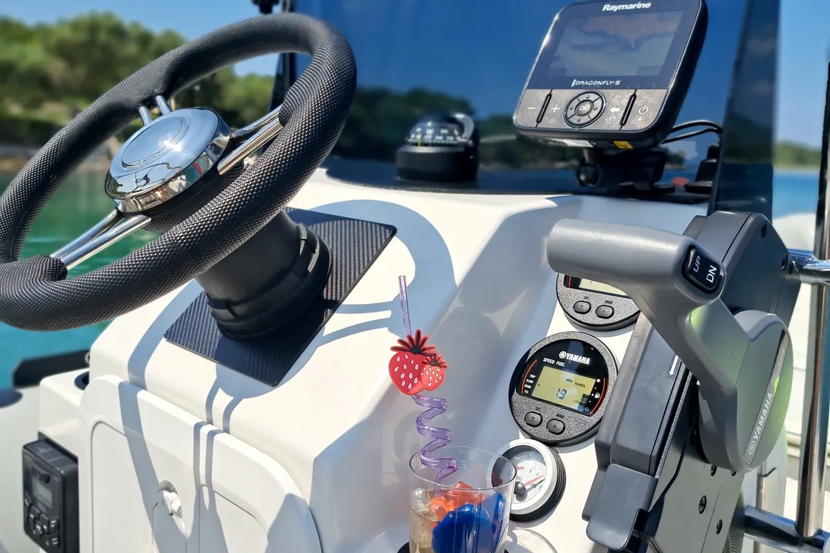 Cockpit of Niky, a Prestige Ranger 600 motorboat at Grad Trogir, Croatia