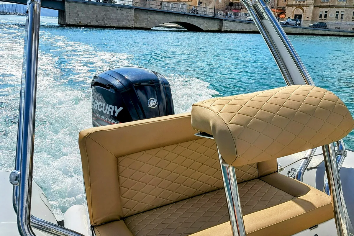 Deck of Niky, a Prestige Ranger 600 motorboat at Grad Trogir, Croatia