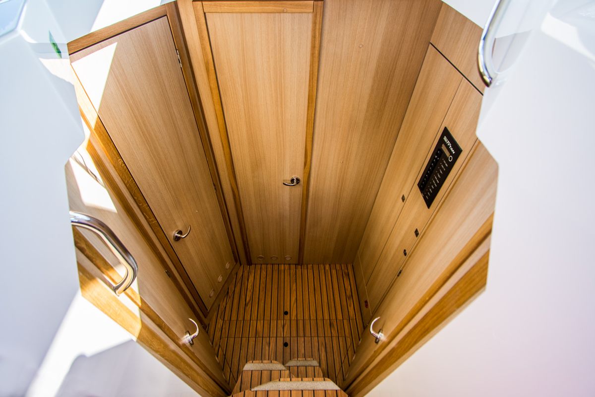 Cabin on Balt 1080 Titanium, a Balt 1018 Titanium motorboat at Wilkasy, Poland